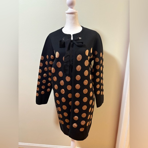 Talbots polka dot long sweater cardigan open S M black tan - Picture 3 of 6
